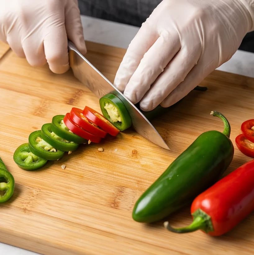 Jelibon Biber Turşusu Tarifi (Candied Jalapeno Tatlı-Acı Biber) — Adım 1: Biberlerin Eldivenle Dilimlenmesi