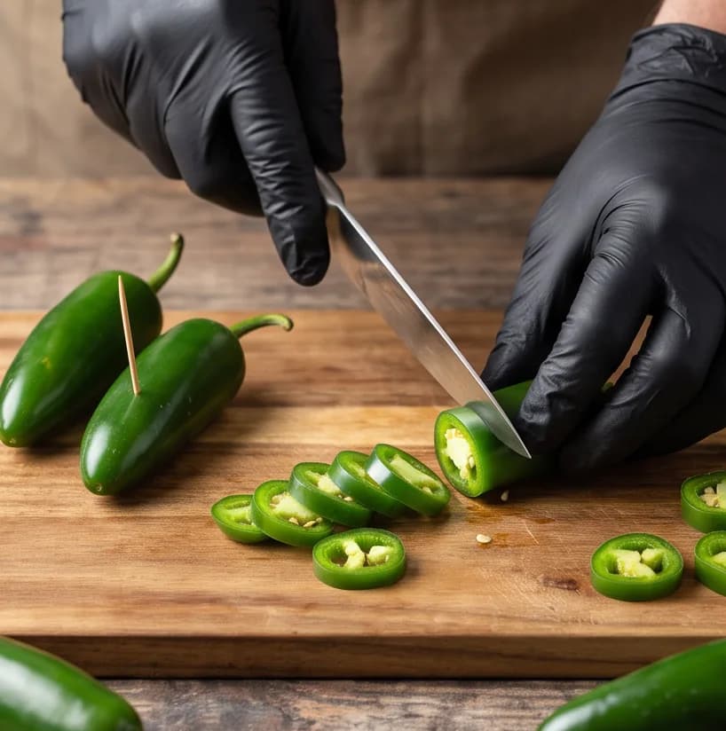 Kaya Tuzuyla Bütün ve Doğranmış Jalapeno Acı Biber Turşusu Nasıl Kurulur? — Adım 1: Jalapenoların Seçimi & Eldivenle Hazırlık