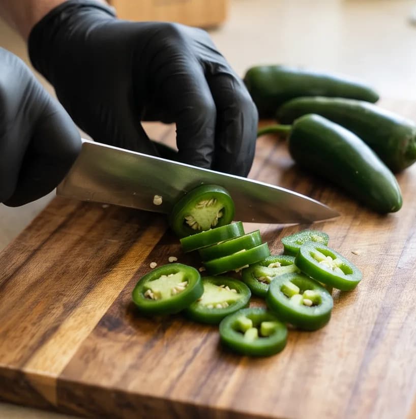 Kaynar Suyla Jalapeno Biber Turşusu Tarifi — Adım 1: Jalapenoların Doğranması & Eldiven Kullanımı