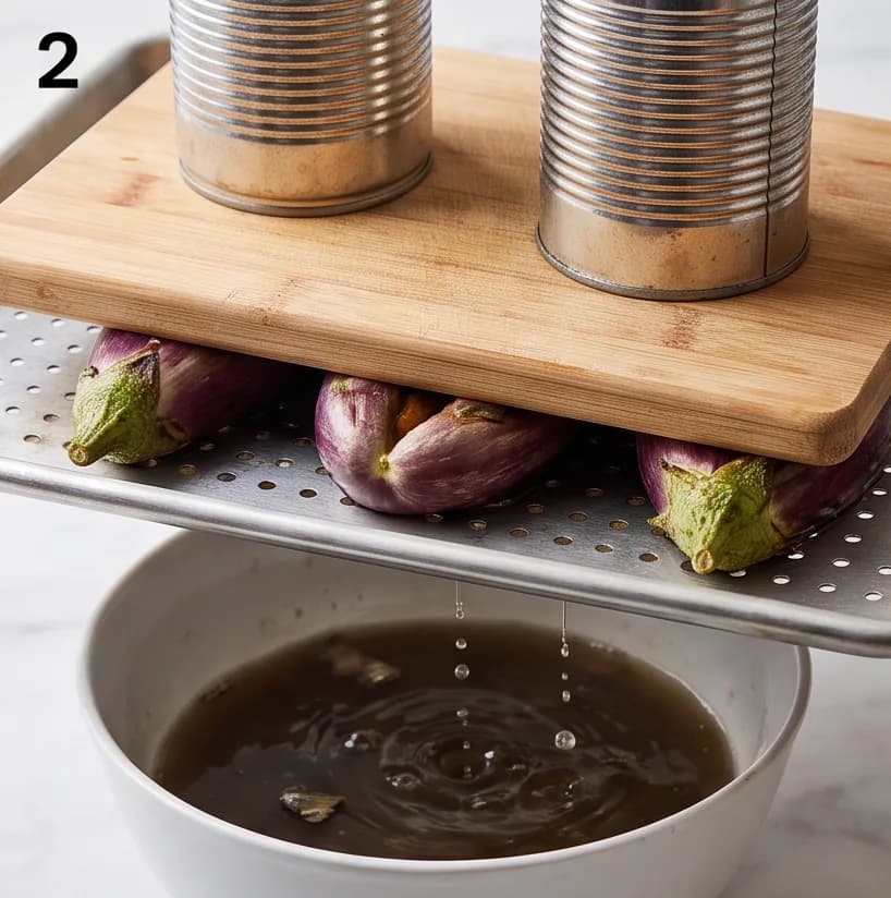 Sarımsaklı Dolma Patlıcan Turşusu Nasıl Yapılır? — Adım 2: 4 Dakika Haşlama ve Ağırlık Altında Acı Suyu Süzme
